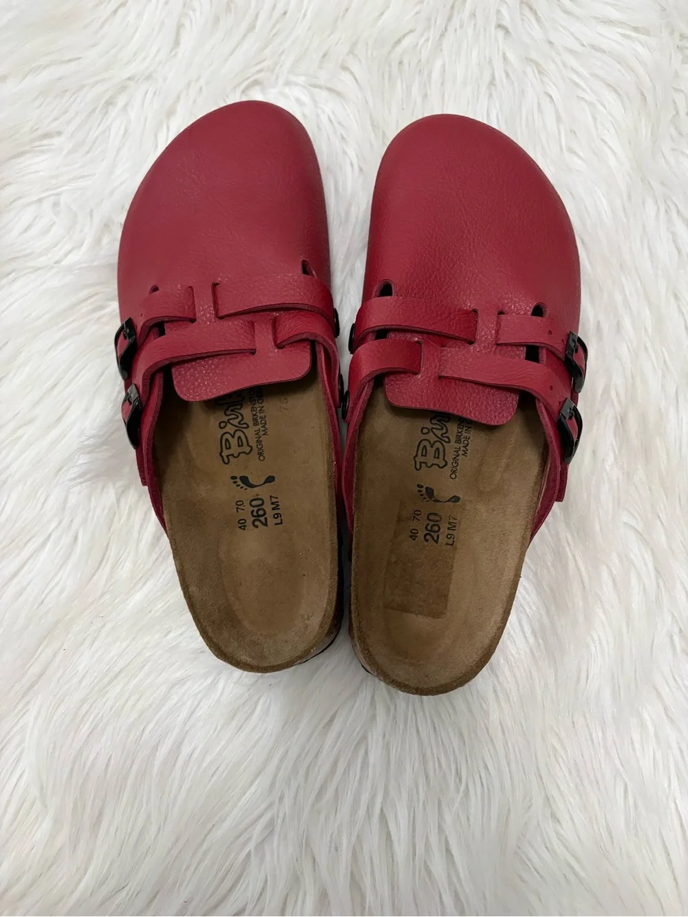 Birki's by Birkenstock Unisex Natural Red Leather Clog Cork Sole Mules
